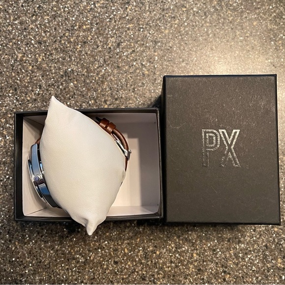 PX Mens Brown and Silver Perforated Leather Strap Watch NIB w/Tags - Picture 2 of 5